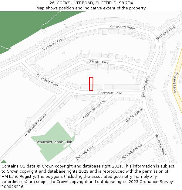 26, COCKSHUTT ROAD, SHEFFIELD, S8 7DX: Location map and indicative extent of plot