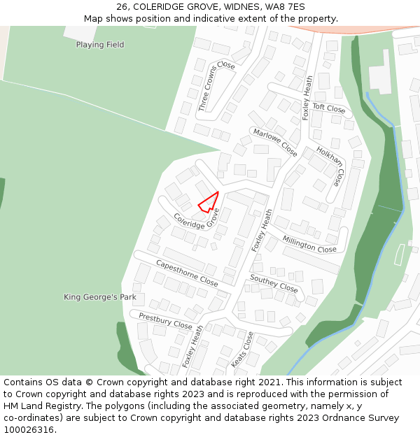 26, COLERIDGE GROVE, WIDNES, WA8 7ES: Location map and indicative extent of plot