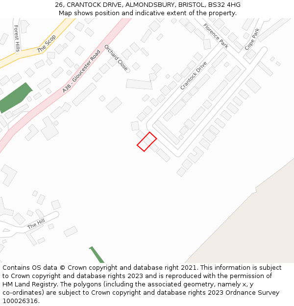 26, CRANTOCK DRIVE, ALMONDSBURY, BRISTOL, BS32 4HG: Location map and indicative extent of plot