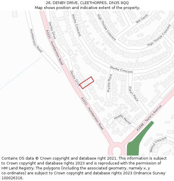 26, DENBY DRIVE, CLEETHORPES, DN35 9QQ: Location map and indicative extent of plot