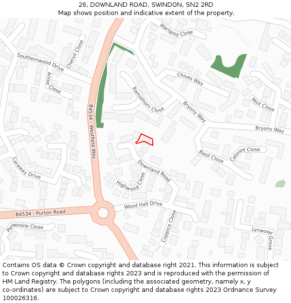 26, DOWNLAND ROAD, SWINDON, SN2 2RD: Location map and indicative extent of plot