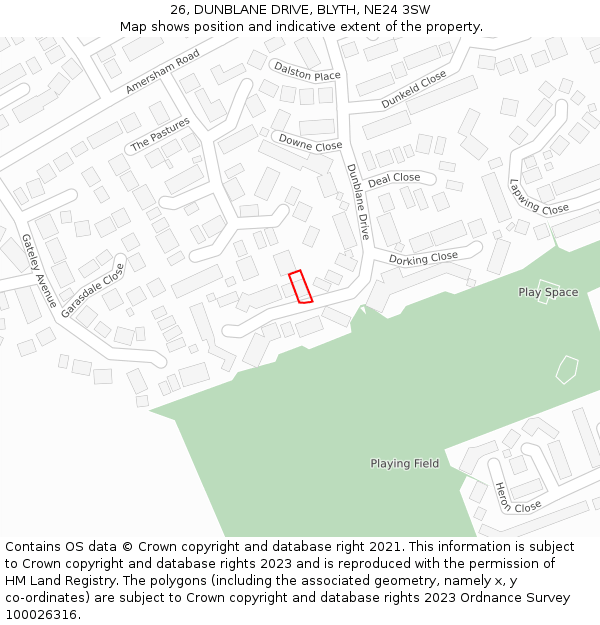 26, DUNBLANE DRIVE, BLYTH, NE24 3SW: Location map and indicative extent of plot