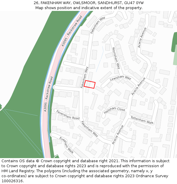 26, FAKENHAM WAY, OWLSMOOR, SANDHURST, GU47 0YW: Location map and indicative extent of plot