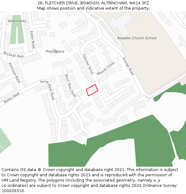 26, FLETCHER DRIVE, BOWDON, ALTRINCHAM, WA14 3FZ: Location map and indicative extent of plot