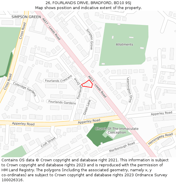 26, FOURLANDS DRIVE, BRADFORD, BD10 9SJ: Location map and indicative extent of plot