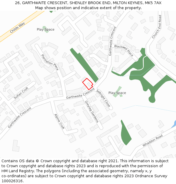 26, GARTHWAITE CRESCENT, SHENLEY BROOK END, MILTON KEYNES, MK5 7AX: Location map and indicative extent of plot