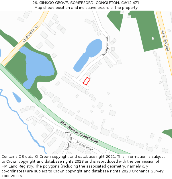 26, GINKGO GROVE, SOMERFORD, CONGLETON, CW12 4ZL: Location map and indicative extent of plot