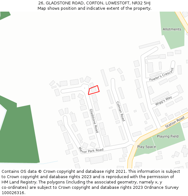 26, GLADSTONE ROAD, CORTON, LOWESTOFT, NR32 5HJ: Location map and indicative extent of plot