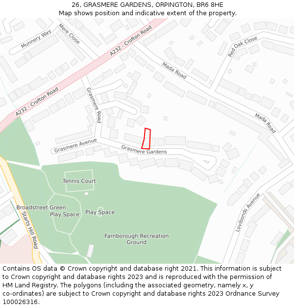 26, GRASMERE GARDENS, ORPINGTON, BR6 8HE: Location map and indicative extent of plot