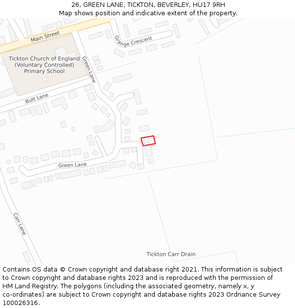 26, GREEN LANE, TICKTON, BEVERLEY, HU17 9RH: Location map and indicative extent of plot