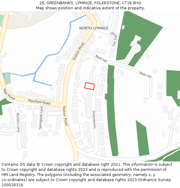 26, GREENBANKS, LYMINGE, FOLKESTONE, CT18 8HG: Location map and indicative extent of plot