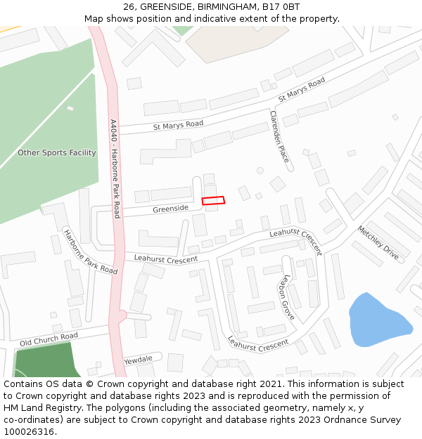 26, GREENSIDE, BIRMINGHAM, B17 0BT: Location map and indicative extent of plot