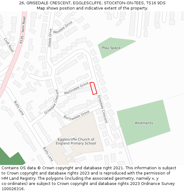 26, GRISEDALE CRESCENT, EGGLESCLIFFE, STOCKTON-ON-TEES, TS16 9DS: Location map and indicative extent of plot