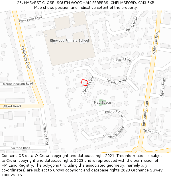 26, HARVEST CLOSE, SOUTH WOODHAM FERRERS, CHELMSFORD, CM3 5XR: Location map and indicative extent of plot