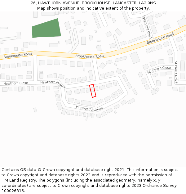 26, HAWTHORN AVENUE, BROOKHOUSE, LANCASTER, LA2 9NS: Location map and indicative extent of plot