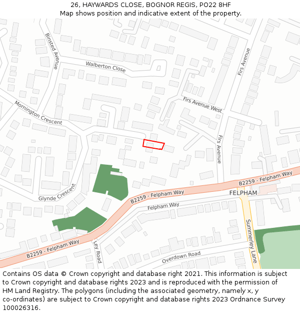 26, HAYWARDS CLOSE, BOGNOR REGIS, PO22 8HF: Location map and indicative extent of plot