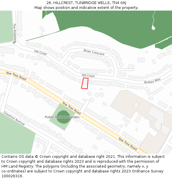 26, HILLCREST, TUNBRIDGE WELLS, TN4 0AJ: Location map and indicative extent of plot