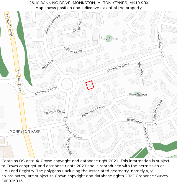 26, KILWINNING DRIVE, MONKSTON, MILTON KEYNES, MK10 9BX: Location map and indicative extent of plot