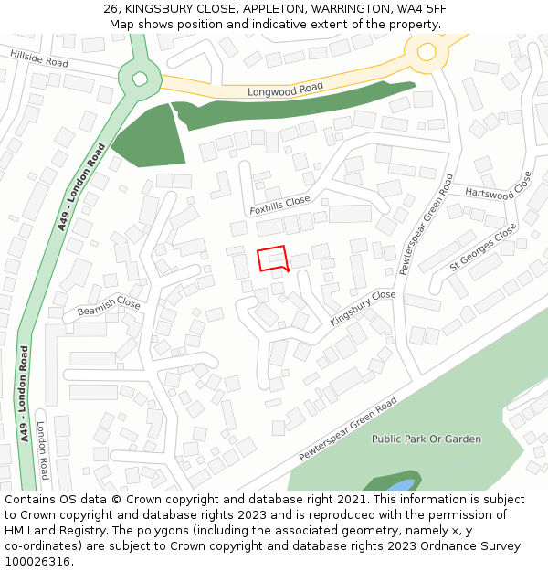 26, KINGSBURY CLOSE, APPLETON, WARRINGTON, WA4 5FF: Location map and indicative extent of plot