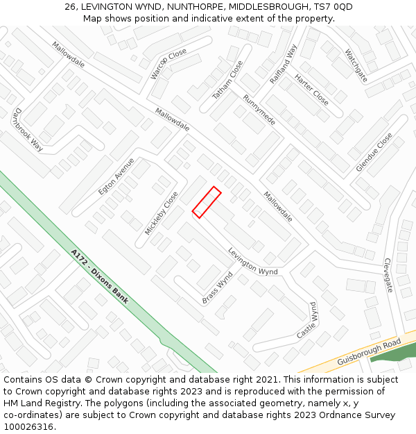 26, LEVINGTON WYND, NUNTHORPE, MIDDLESBROUGH, TS7 0QD: Location map and indicative extent of plot