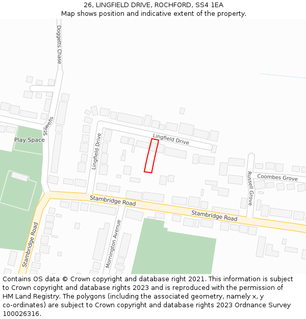 26, LINGFIELD DRIVE, ROCHFORD, SS4 1EA: Location map and indicative extent of plot