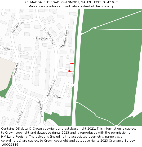 26, MAGDALENE ROAD, OWLSMOOR, SANDHURST, GU47 0UT: Location map and indicative extent of plot