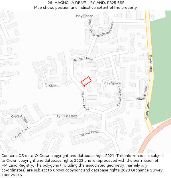 26, MAGNOLIA DRIVE, LEYLAND, PR25 5SF: Location map and indicative extent of plot