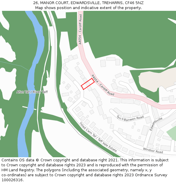 26, MANOR COURT, EDWARDSVILLE, TREHARRIS, CF46 5NZ: Location map and indicative extent of plot