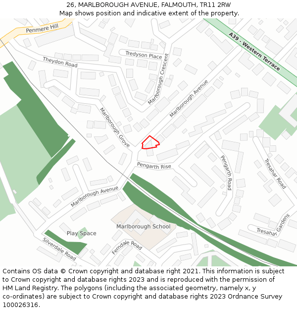 26, MARLBOROUGH AVENUE, FALMOUTH, TR11 2RW: Location map and indicative extent of plot