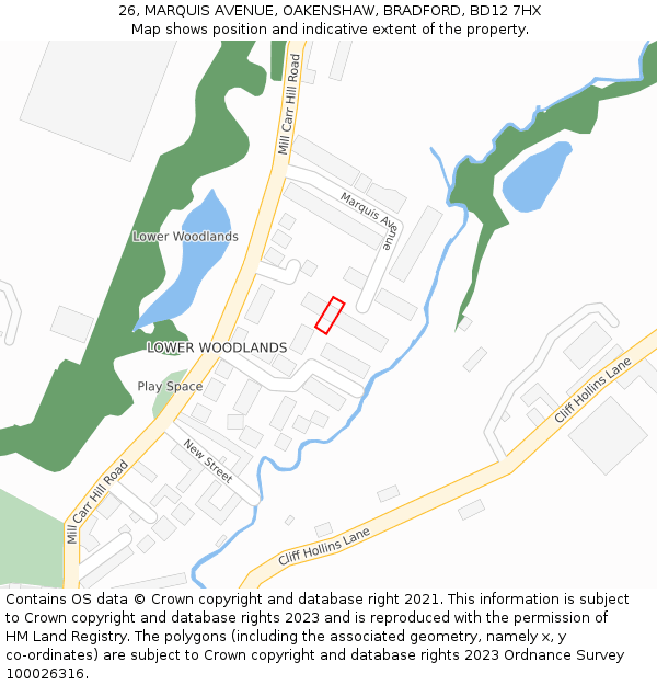 26, MARQUIS AVENUE, OAKENSHAW, BRADFORD, BD12 7HX: Location map and indicative extent of plot