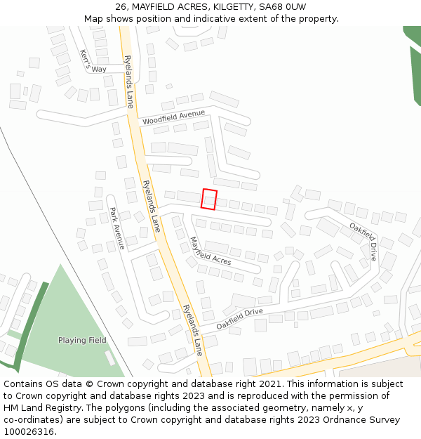 26, MAYFIELD ACRES, KILGETTY, SA68 0UW: Location map and indicative extent of plot