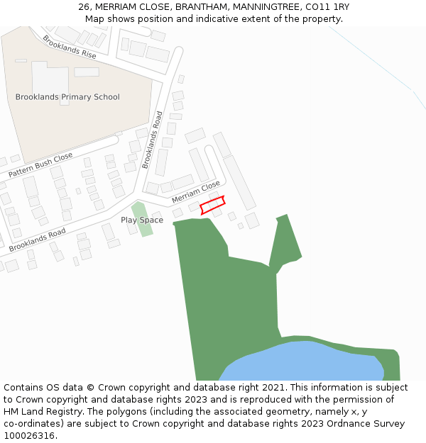 26, MERRIAM CLOSE, BRANTHAM, MANNINGTREE, CO11 1RY: Location map and indicative extent of plot