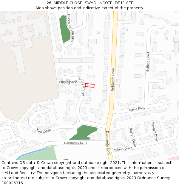 26, MIDDLE CLOSE, SWADLINCOTE, DE11 0EF: Location map and indicative extent of plot