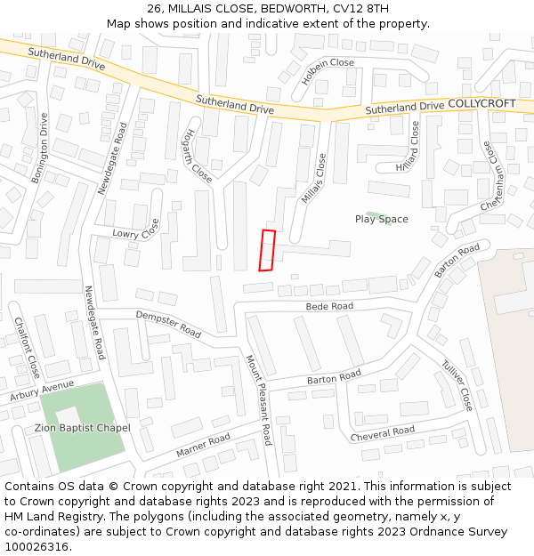 26, MILLAIS CLOSE, BEDWORTH, CV12 8TH: Location map and indicative extent of plot