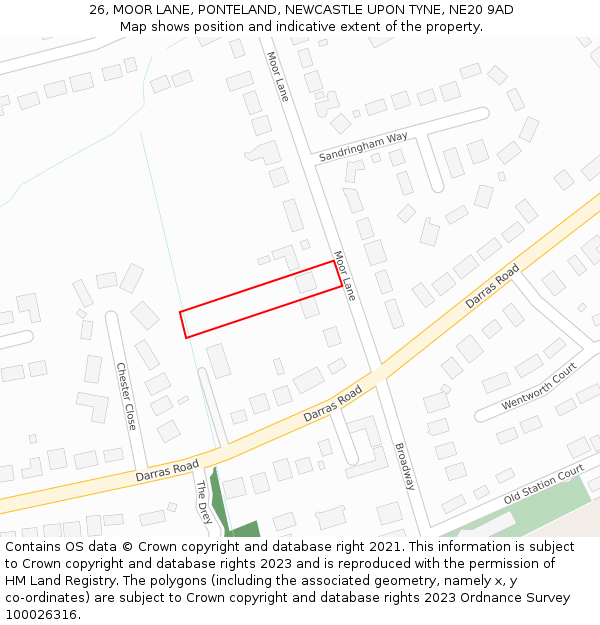 26, MOOR LANE, PONTELAND, NEWCASTLE UPON TYNE, NE20 9AD: Location map and indicative extent of plot