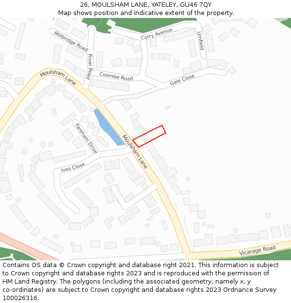 26, MOULSHAM LANE, YATELEY, GU46 7QY: Location map and indicative extent of plot