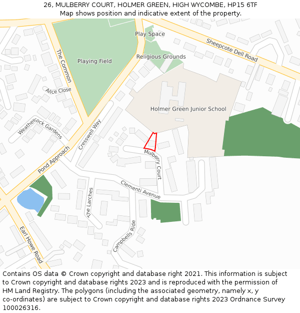 26, MULBERRY COURT, HOLMER GREEN, HIGH WYCOMBE, HP15 6TF: Location map and indicative extent of plot