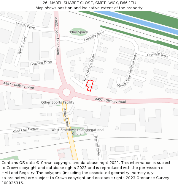 26, NAREL SHARPE CLOSE, SMETHWICK, B66 1TU: Location map and indicative extent of plot