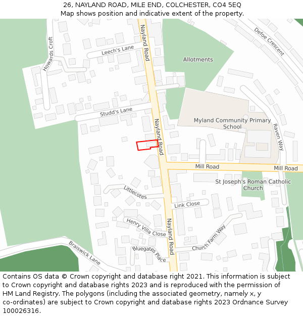 26, NAYLAND ROAD, MILE END, COLCHESTER, CO4 5EQ: Location map and indicative extent of plot