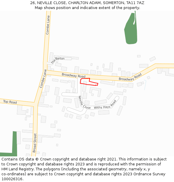 26, NEVILLE CLOSE, CHARLTON ADAM, SOMERTON, TA11 7AZ: Location map and indicative extent of plot