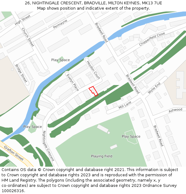 26, NIGHTINGALE CRESCENT, BRADVILLE, MILTON KEYNES, MK13 7UE: Location map and indicative extent of plot