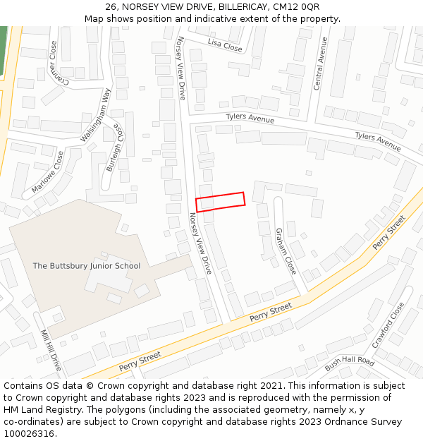 26, NORSEY VIEW DRIVE, BILLERICAY, CM12 0QR: Location map and indicative extent of plot