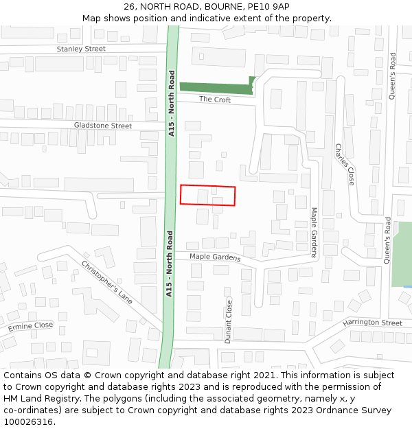 26, NORTH ROAD, BOURNE, PE10 9AP: Location map and indicative extent of plot