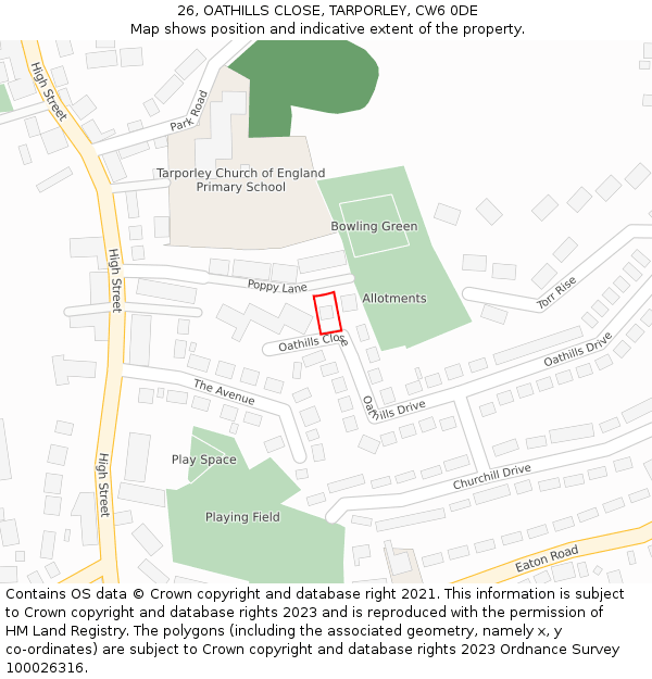 26, OATHILLS CLOSE, TARPORLEY, CW6 0DE: Location map and indicative extent of plot