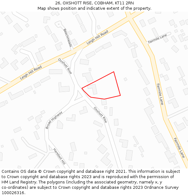 26, OXSHOTT RISE, COBHAM, KT11 2RN: Location map and indicative extent of plot