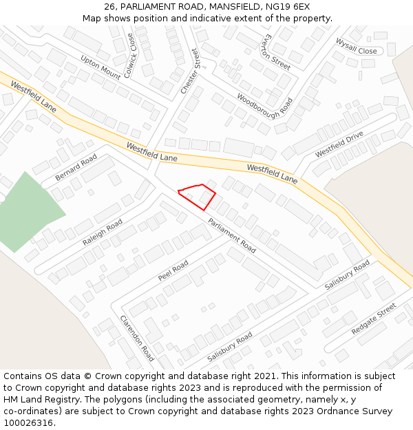 26, PARLIAMENT ROAD, MANSFIELD, NG19 6EX: Location map and indicative extent of plot