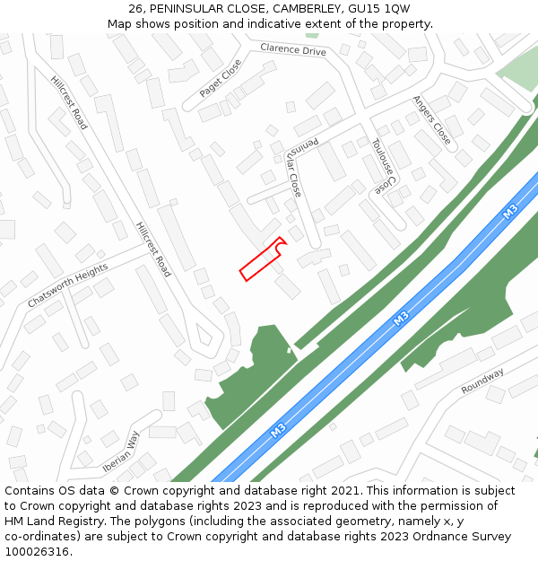 26, PENINSULAR CLOSE, CAMBERLEY, GU15 1QW: Location map and indicative extent of plot