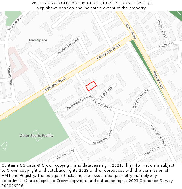 26, PENNINGTON ROAD, HARTFORD, HUNTINGDON, PE29 1QF: Location map and indicative extent of plot