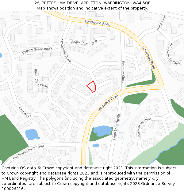 26, PETERSHAM DRIVE, APPLETON, WARRINGTON, WA4 5QF: Location map and indicative extent of plot