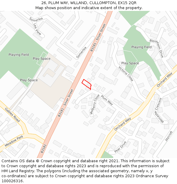 26, PLUM WAY, WILLAND, CULLOMPTON, EX15 2QR: Location map and indicative extent of plot